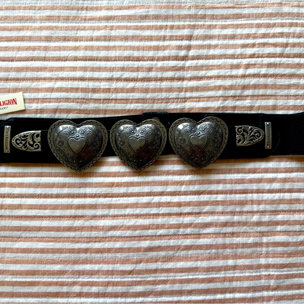 NWT! TRUE RELIGION Chrome Hearts Belt Elastic Snap Size 1X Black Grunge Goth